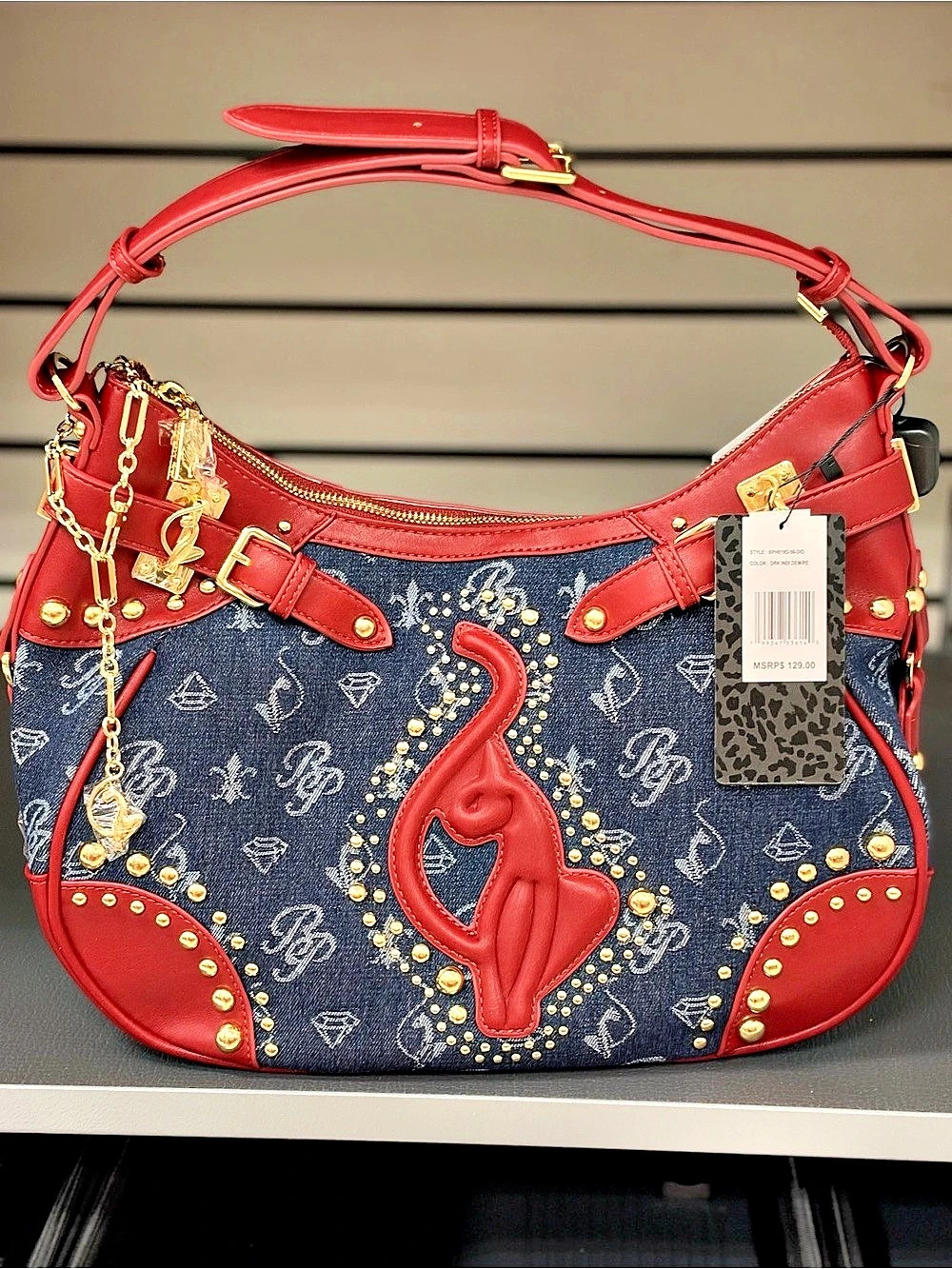 Bebe Studded Embellished Shoulder Bag in Red & Blue NWT